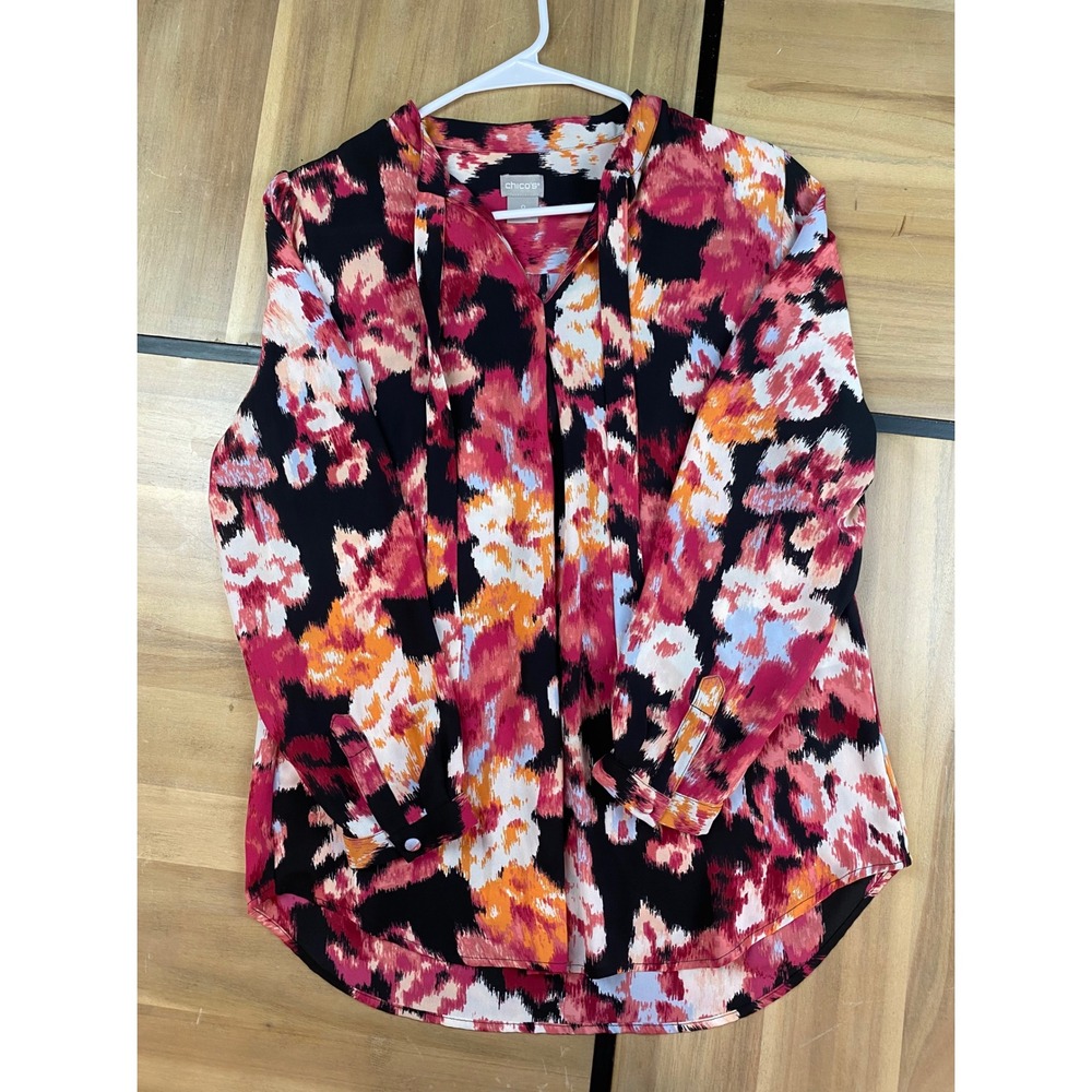 Chico's Abstract Floral‎ Ikat Split Neck Blouse Pink Orange Black Size 0 S 4/6